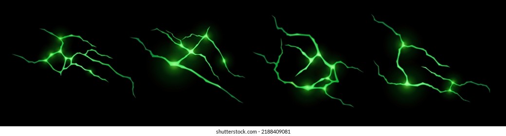 Realistic set of green lightnings isolated on black background. Vector illustration of scary thunderbolt strikes glowing at night. Symbol of magic power. Electric discharge sparks during thunderstorm