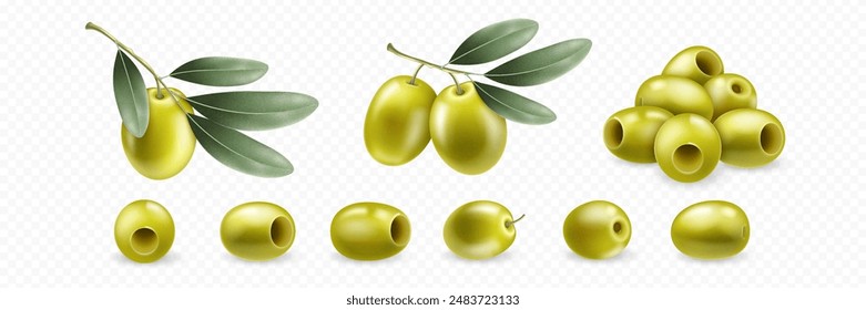 Realistic set green olives, olive branch with green leaves. Isolated on transparent background. Elements for cosmetic, food, ads, oil design