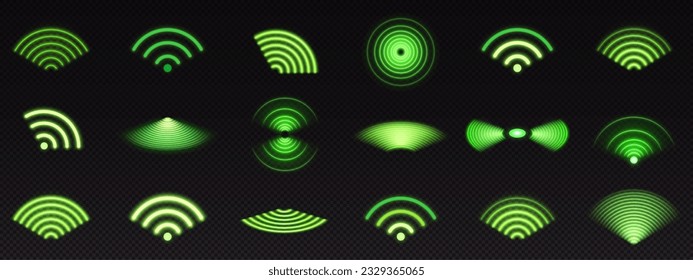 Realistic set of green radio wave signal signs isolated on transparent background. Vector illustration of radial symbol of wifi connection, sound spread, pulse effect, vibration frequency, radar area