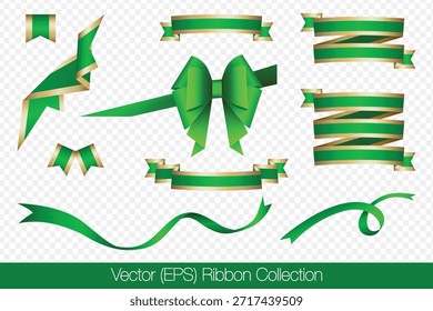 Conjunto realista de cintas verdes y lazo aislado sobre un fondo transparente, con lazos festivos y cintas de recompensa. Ilustración vectorial para decoraciones navideñas, premios y proyectos gráficos