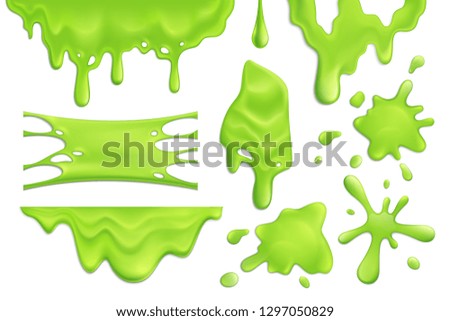 Realistic set of green slime blots and drops isolated on white background vector illustration