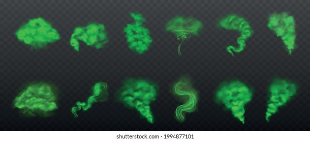 Realistic set with green toxic smoke clouds of different shape isolated on transparent background vector illustration