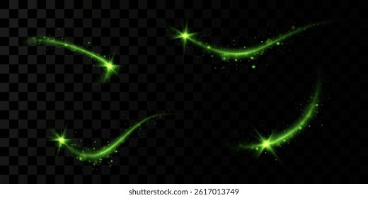 Realistic set of green vector illustrations of comet magic light tail with glitter and overlay effect. Meteor shimmering with shining ray of glitter.