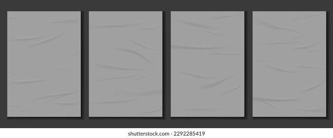 Realistic set of grey glued wall posters. Glued posters, old adhesive texture mockup. Blank sheets creased effect. Blank pages with wrinkles, realistic 3d set