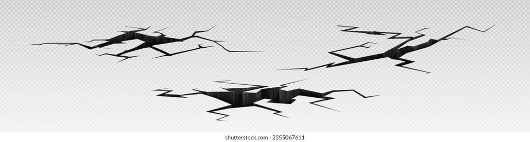 Realistic set of ground crack effects isolated on transparent background. Vector illustration of broken earth surface after earthquake or drought, damaged concrete floor, split texture, erosion hole