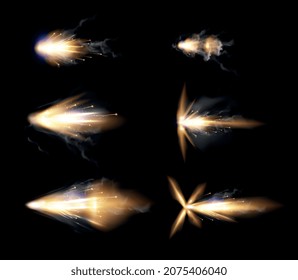 Realistic set of gun flashes with fire sparkles and smoke isolated on black background vector illustration