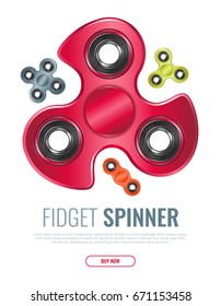 Realistic set of hand spinner toys. Fidget toy for focusing or fidgeting by relieving nervous energy or psychological stress. Stress relieving toys. Vector illustration with place for text and button