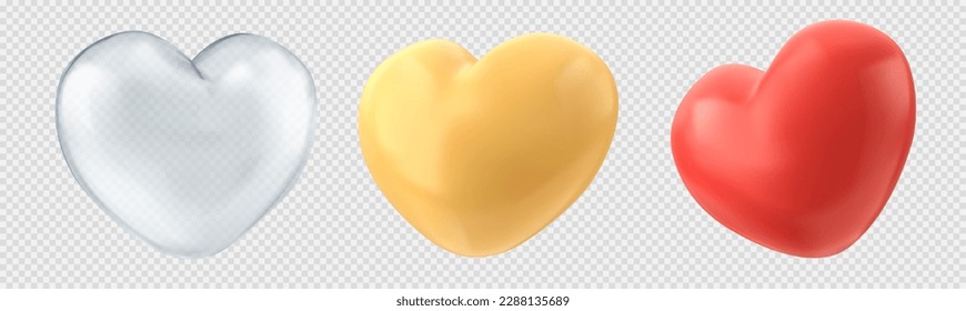 Realistic set of heart shape balloons set isolated on transparent background. Vector illustration of yellow, glass, red, decor elements for romantic Valentine Day party. Symbol of charity, kindness