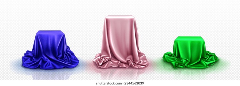 Realistic set of high and low podiums covered with blue, pink, green silk cloth. Vector illustration of surprise hidden under satin fabric with drapery waves isolated on transparent background