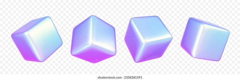 Realistic set of holographic 3D cubes isolated on transparent background. Vector illustration of iridescent square blocks angle and side view, geometric solid figure with glossy surface, decor element