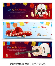 Realistic set of horizontal banners with various symbols of traditional mexican holidays isolated vector illustration