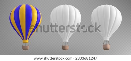 Realistic set of hot air balloon mockups isolated on transparent background. Vector illustration of white and yellow blue color inflatable aircraft with basket for recreation travel, flight adventure