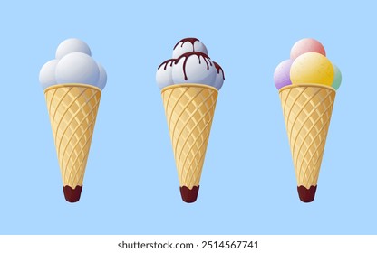 Realistic set of ice cream cones with balls of different flavors and chocolate topping. Use for advertising, banners, cafes and restaurants, grocery stores, etc. Vector illustration