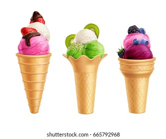 Realistic set of ice cream with fruits including strawberry, kiwi, blueberry in waffle cones isolated vector illustration.