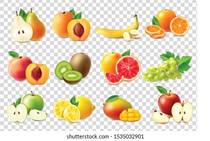 Realistic set of icons with whole and sliced fruits isolated on transparent background vector illustration