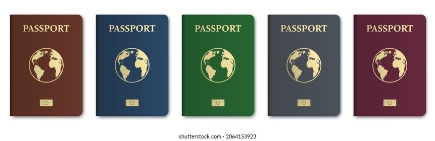 Realistic set of international passports ID. Passport for identification person. Different colorful document with globe for journey and vacation. Travelling concept. Vector illustration
