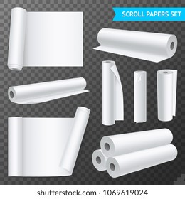 Realistic set of isolated clean white paper scrolls on transparent background vector illustration