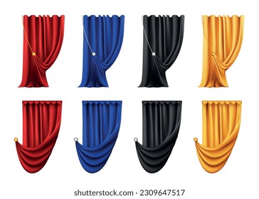 Realistic set of isolated curtain images of red blue black and gold colors on blank background vector illustration