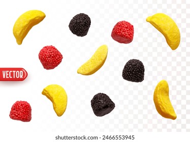 Realistic set jelly candies, yellow banana and red black raspberries, featuring assorted shapes, vibrant colors. Perfect for sweet-themed designs and confectionery branding. Vector illustration