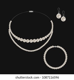 Realistic set of jewelry: pearl necklace, bracelet and earrings. Isolated on black background. Vector illustration, EPS10.