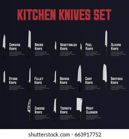 Realistic set of kitchen knives with names. Vector illustration.