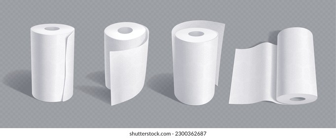 Realistic set of kitchen towel mockup with perforated texture isolated on transparent background. 3D vector illustration of soft white hygiene tissue rolls for bathroom or lavatory, various view