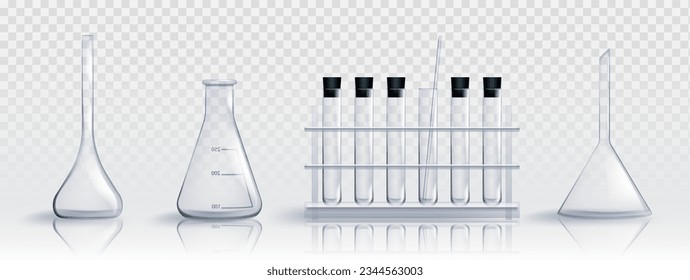 Realistic set of laboratory glassware isolated on transparent background. Vector illustration of lab beaker, flask, tube, graduated container with pipette for scientific experiment, chemical substance