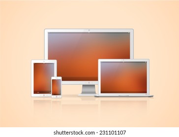 Realistic set of laptop, smartphone, tablet and monitor on a solid background and screen saver on the monitor. Vektarnaya illustration.