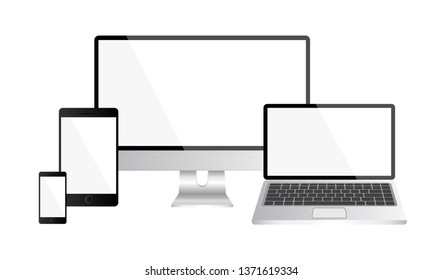 Realistic set of lcd plasma, laptop and smartphone isolated on white background. Empty screen template. Mock up of equipment for office. Vector illustration.