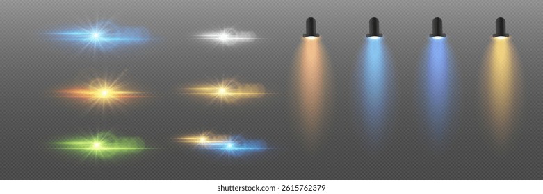 Realistic set of light, light effects of glare, flash, explosion, sunlight.