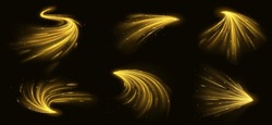 Realistic Set Of Long Exposure Yellow Light Effects Isolated On Transparent Background. Vector Illustration Of Fireworks With Golden Sparskles, Magic Energy Trails, Fast Speed Motion, Abstract Lines