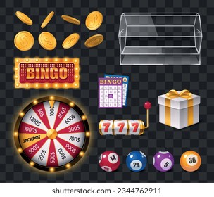 Realistic set of lottery and bingo objects isolated on transparent background vector illustration