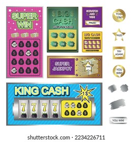 Realistic set of lottery tickets and shiny scratch card effects texture and blots isolated vector illustration