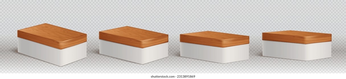 Realistic set of luxury podiums isolated on transparent background. Vector illustration of rectangular white platforms or boxes with natural wood cover. Product presentation stage, side angle view