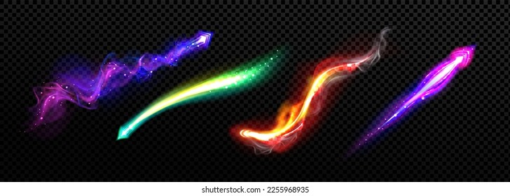 Realistic set of magic power neon light trails isolated on transparent background. Vector illustration of abstract colorful flashes from wizard spell or space blaster with sparkling arrow signs