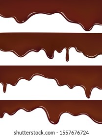 Realistic set of melted chocolate dripping on white background.