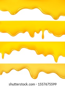 Realistic set of melted honey dripping on white background. collection of delicious honey drops.