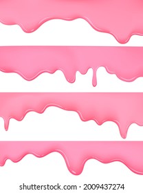 Realistic set of melted strawberry dripping texture background. 