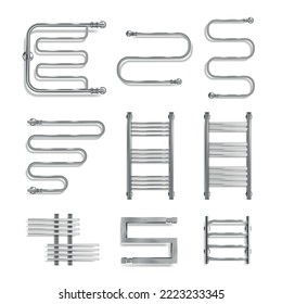 Realistic set of metal chrome heater towel rails different shape isolated on white background vector illustration