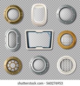 Realistic set of metal and plastic portholes of various shape on transparent background isolated vector illustration  