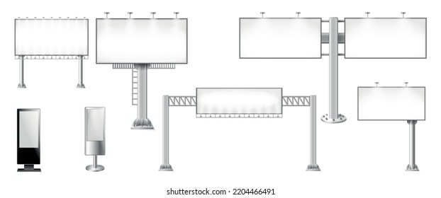 Realistic set of metal poles with blank advertising billboards isolated vector illustration