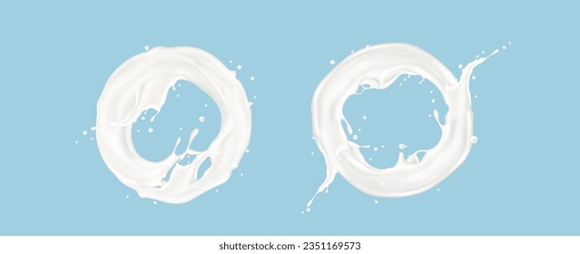 Realistic set of milk splash circles isolated on blue background. Vector illustration of yogurt splatter, round swirl of creamy liquid substance with waves and droplets, dairy drink or white paint