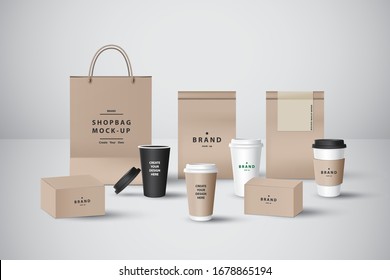 Realistic set mock up for Bakery shop or coffee shop, take away cup,food box,paper bag,pastry bag and napkin  for branding.