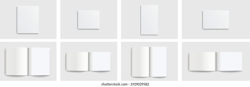 Realistic set mockup book  magazine: 4 tipe mockup. Blank close cover book magazine and blank open book magazine with realistic shadows isolated on light background. Vector illustration EPS10