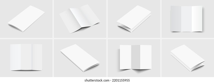 Realistic set mockup booklet, brochure: 8 pc mockup. Blank close cover booklet, brochure and blank open booklet, brochure with realistic shadows isolated on light background. Vector illustration