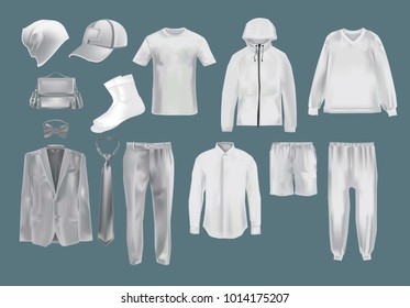 Realistic set mockup men s clothes: hats, caps, socks, t-shirts, sweater, sports sweatshirts, shorts, pants, shirts, jackets socks accessories Template fashion clothes cap mockups Vector illustration