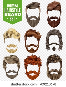 Realistic set of modern styles for male hair and beard of various colors isolated on white background vector illustration