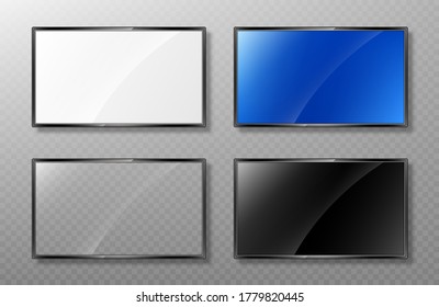 Conjunto realista de modernas maquetas de pantalla de TV. Panel Lcd aislado en fondo transparente. Pantalla de monitor de pantalla plana. Plantilla de televisión en blanco. Ilustración vectorial realista
