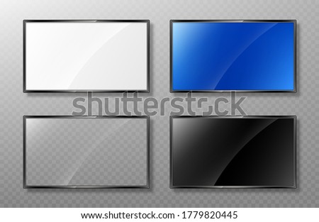 Realistic set of modern TV screen mockups. Lcd panel isolated on transparent background. Led monitor display. Blank television template. Vector realistic illustration