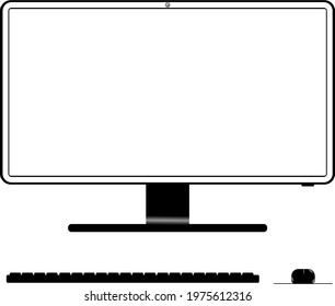 Realistic set of monitor, keyboard, and mouse - Stock Vector illustration. Black monitor with white screen. Trendy realistic thin frame monitor mockup with blank white screen isolated